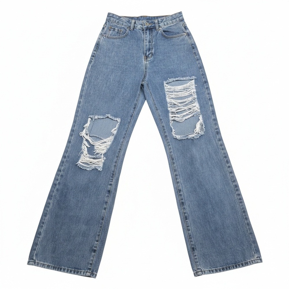 SHEIN Women's Size S Blue Distressed Wide Leg Jeans High Waisted Ripped Denim‎